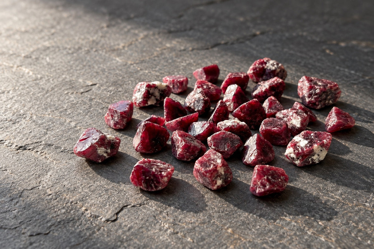 Scattered raw ruby chips on dark slate