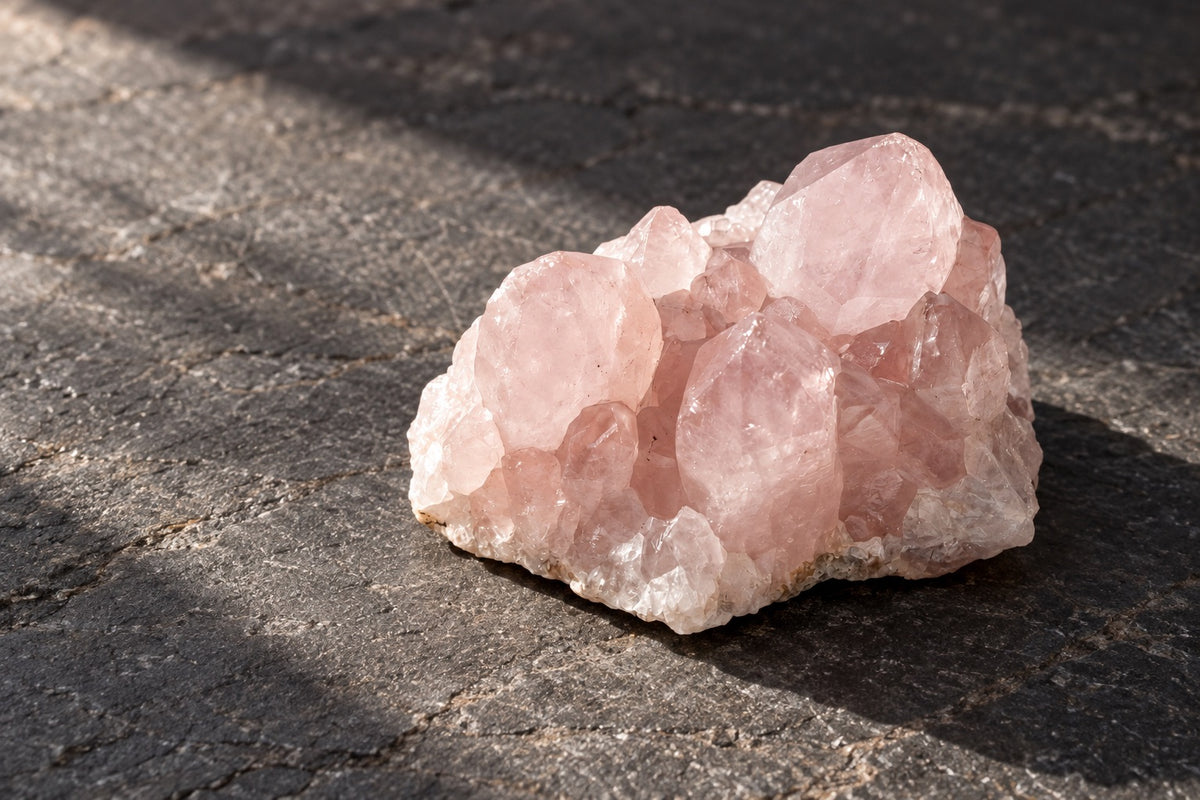 Raw rose quartz chunk on dark slate