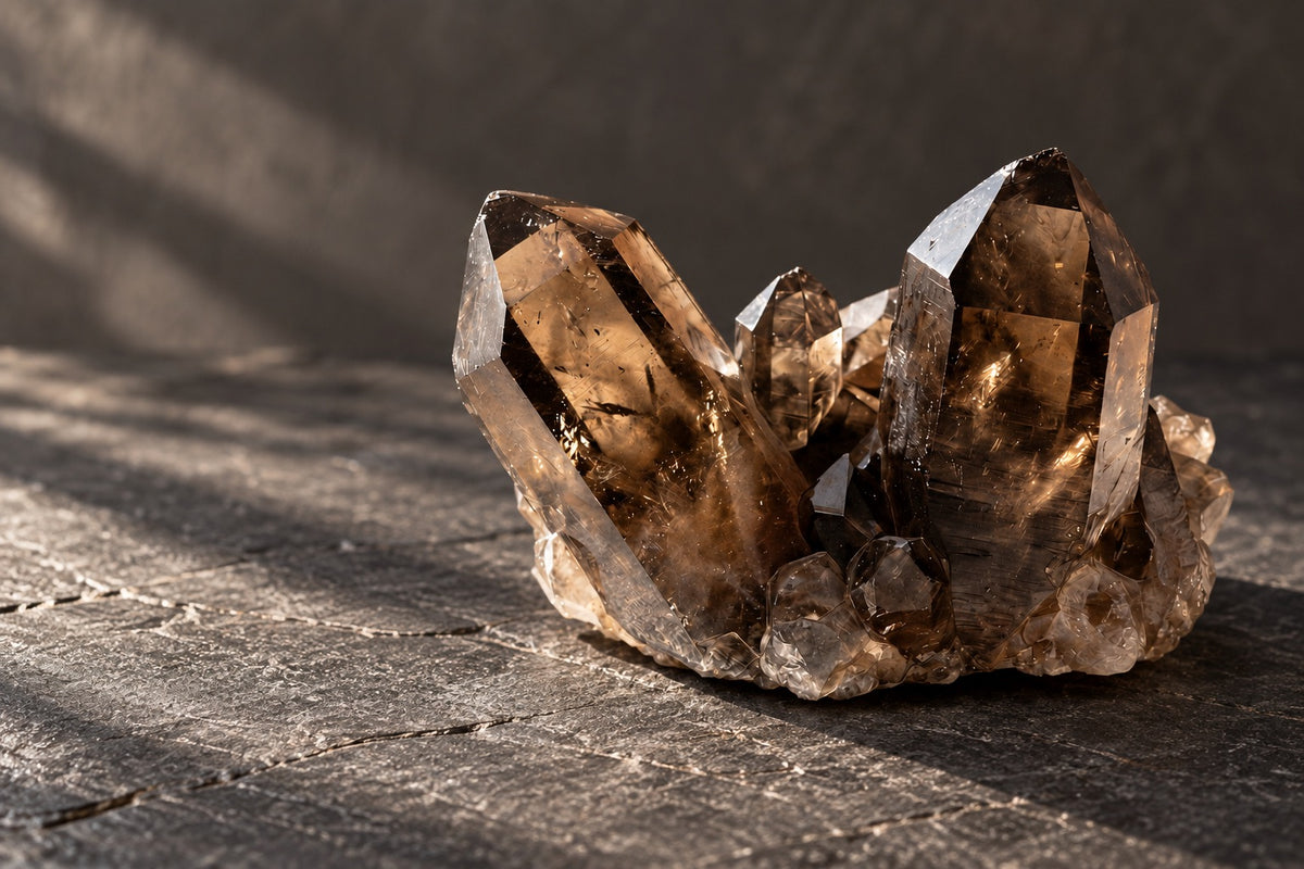 Smoky quartz cluster on dark slate in warm light