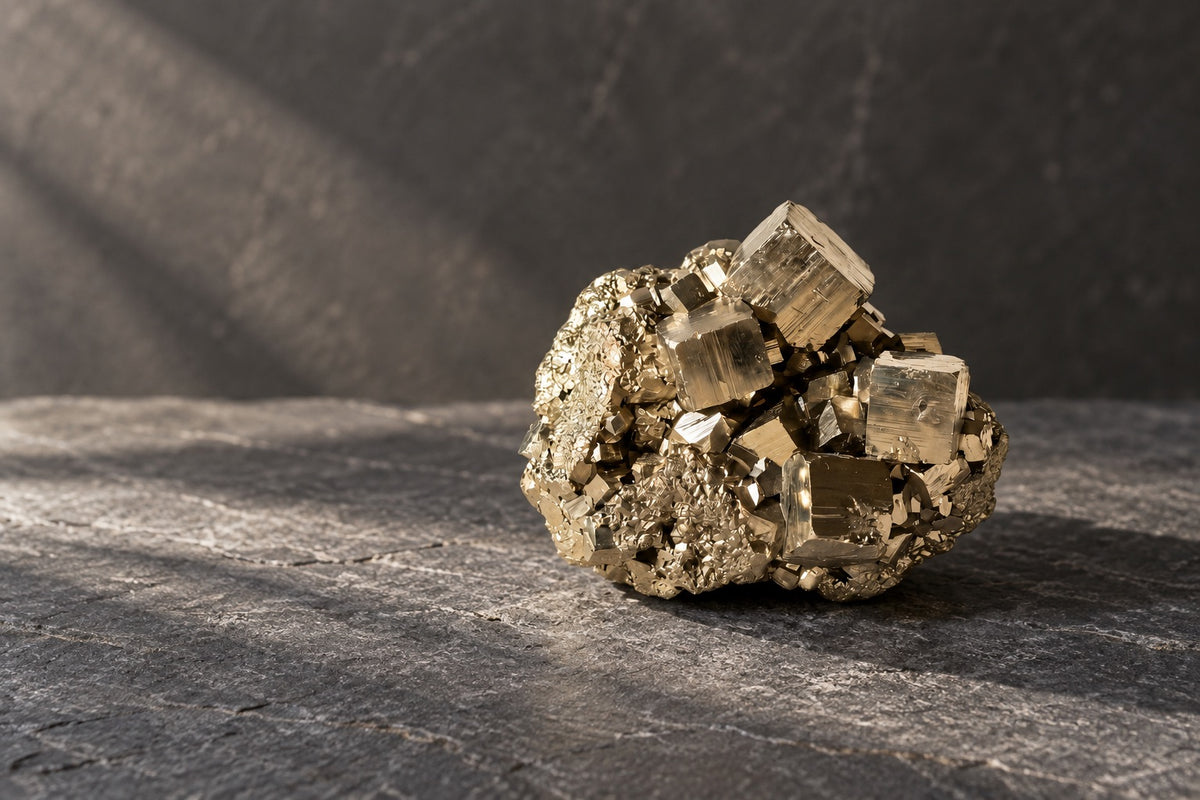Raw pyrite cluster with natural cubes on dark slate