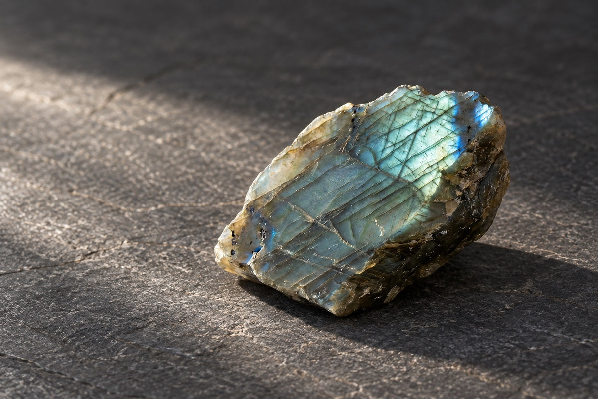 Raw labradorite slab on dark slate