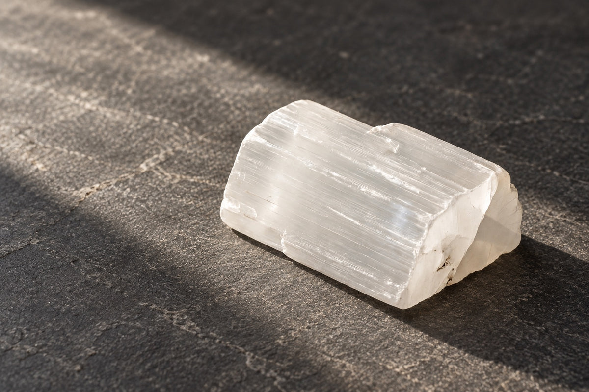 Raw selenite stick on dark slate