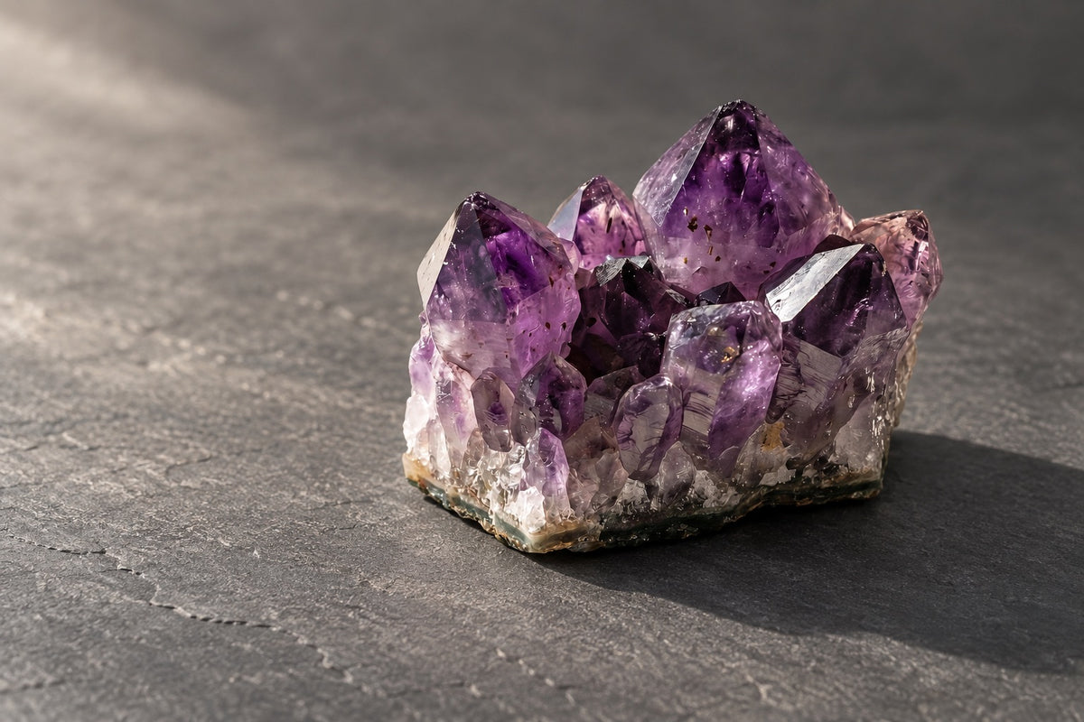Raw amethyst cluster on dark slate