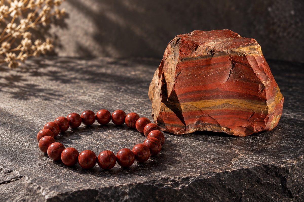 Red jasper bracelet beside a raw red jasper stone on dark slate
