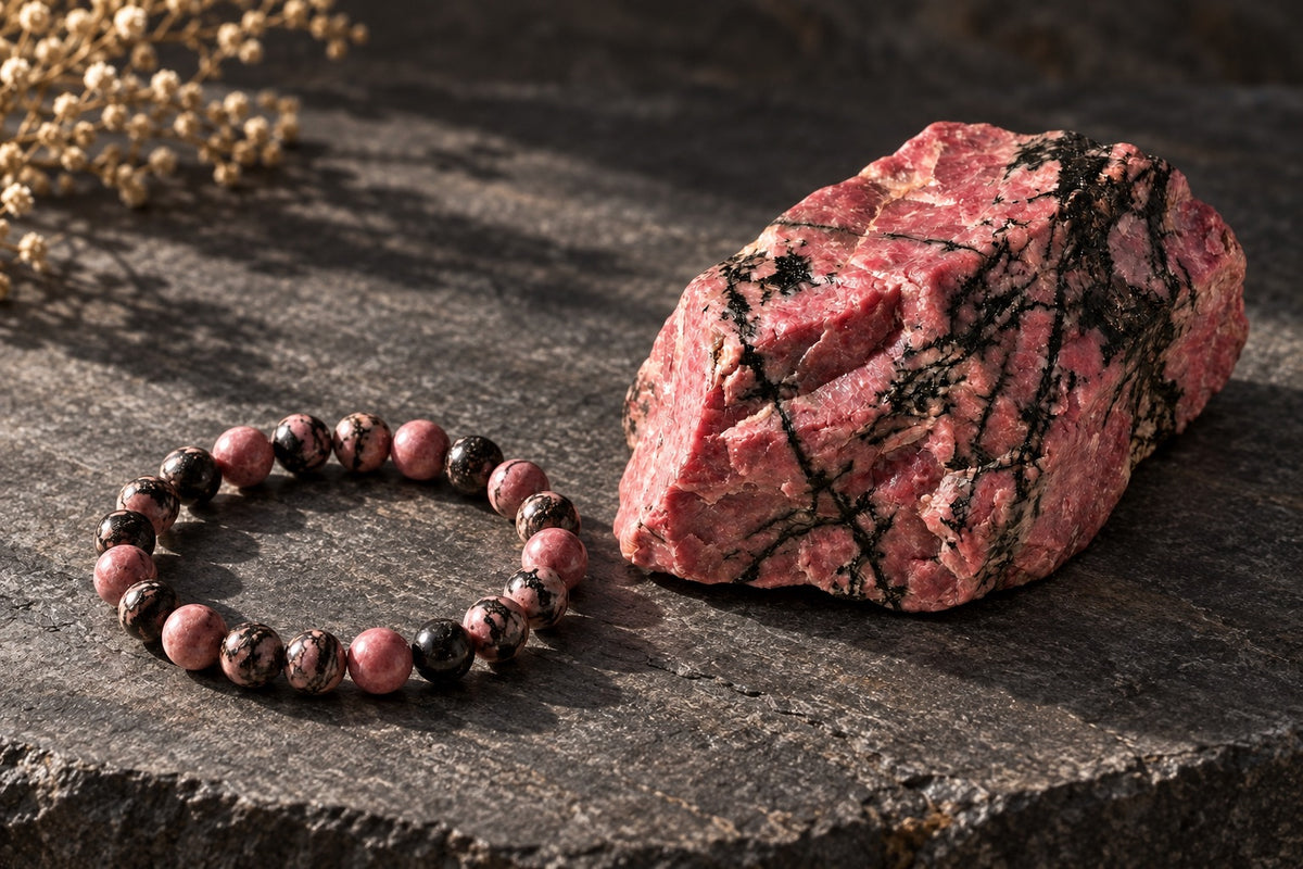 Rhodonite bracelet beside a raw rhodonite stone on dark slate