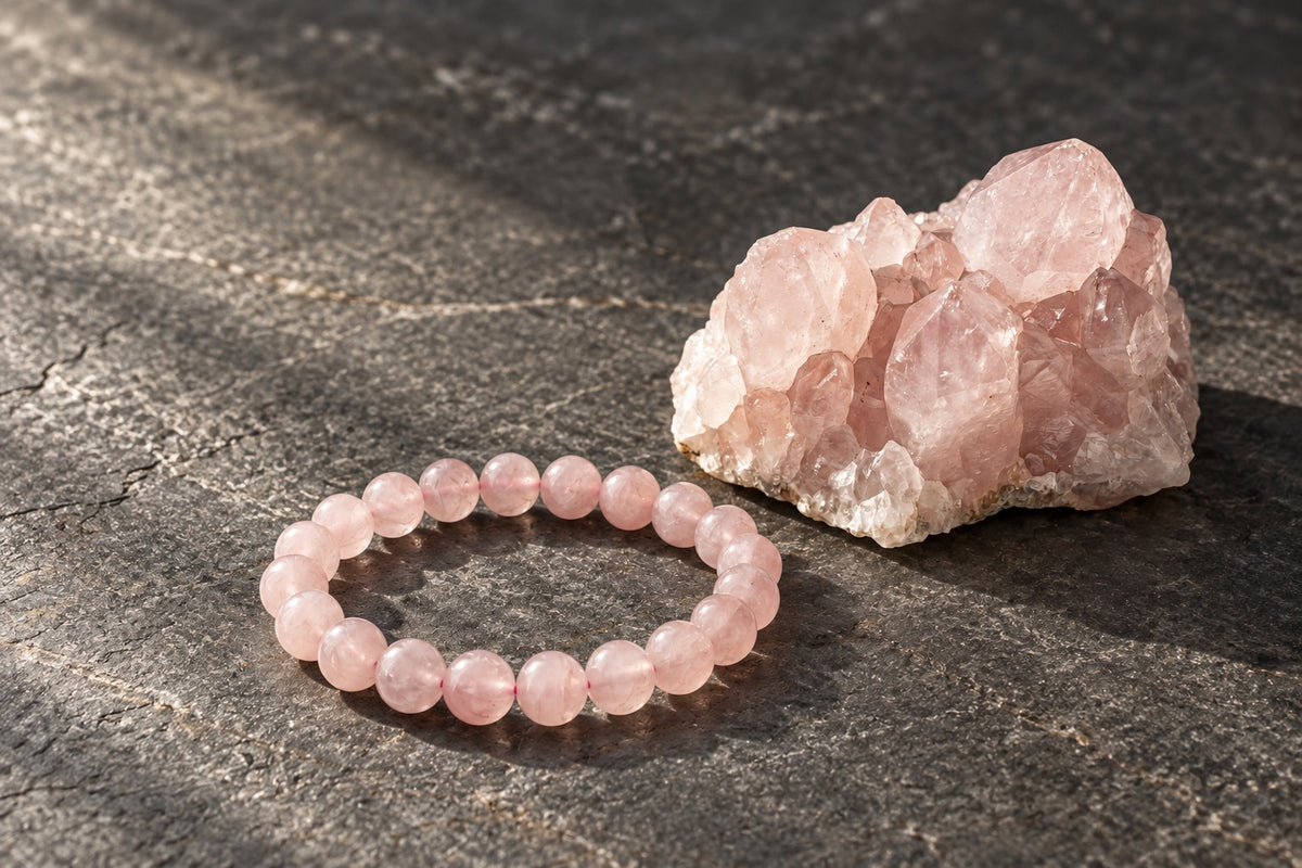 Rose quartz bracelet beside a raw rose quartz cluster on dark slate