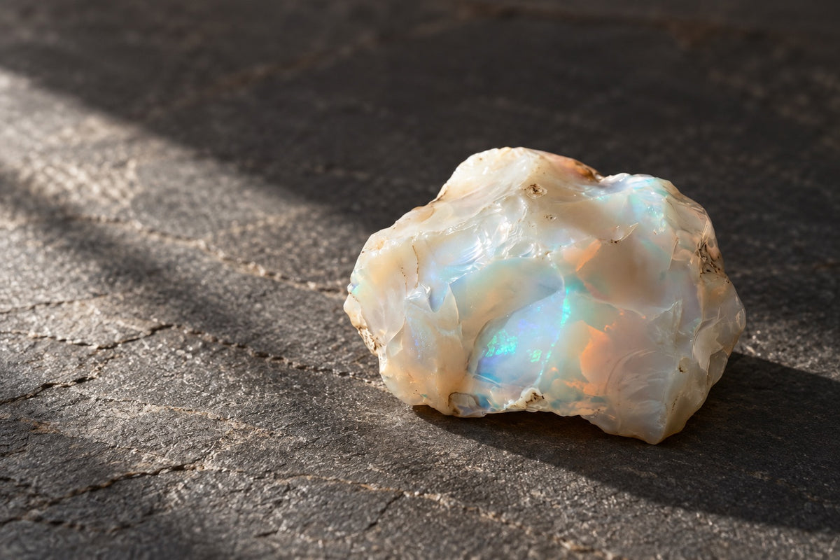 Raw opal stone with a play of colour on dark slate