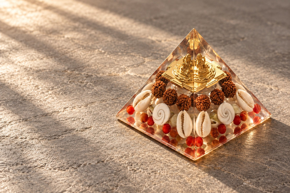 Resin pyramid with a gold Sri Yantra, rudraksha and cowrie shells