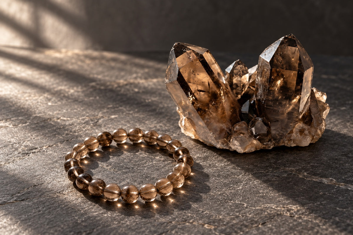 Smoky quartz bracelet beside a smoky quartz cluster on dark slate