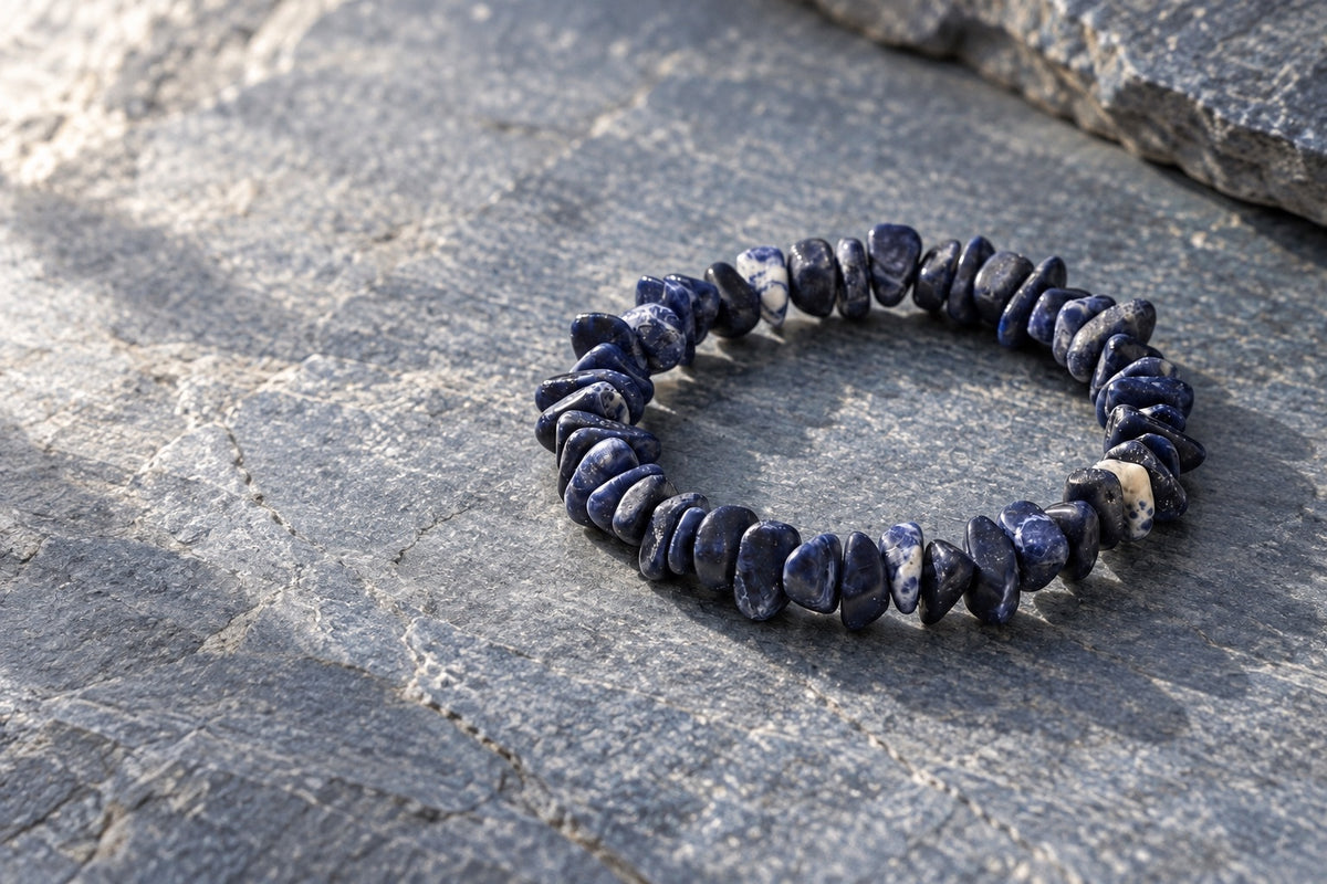 Sodalite chip bracelet on grey stone