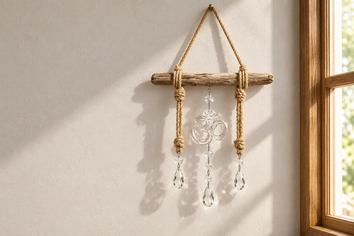 Om symbol hanging with clear crystal drops on driftwood beside a window