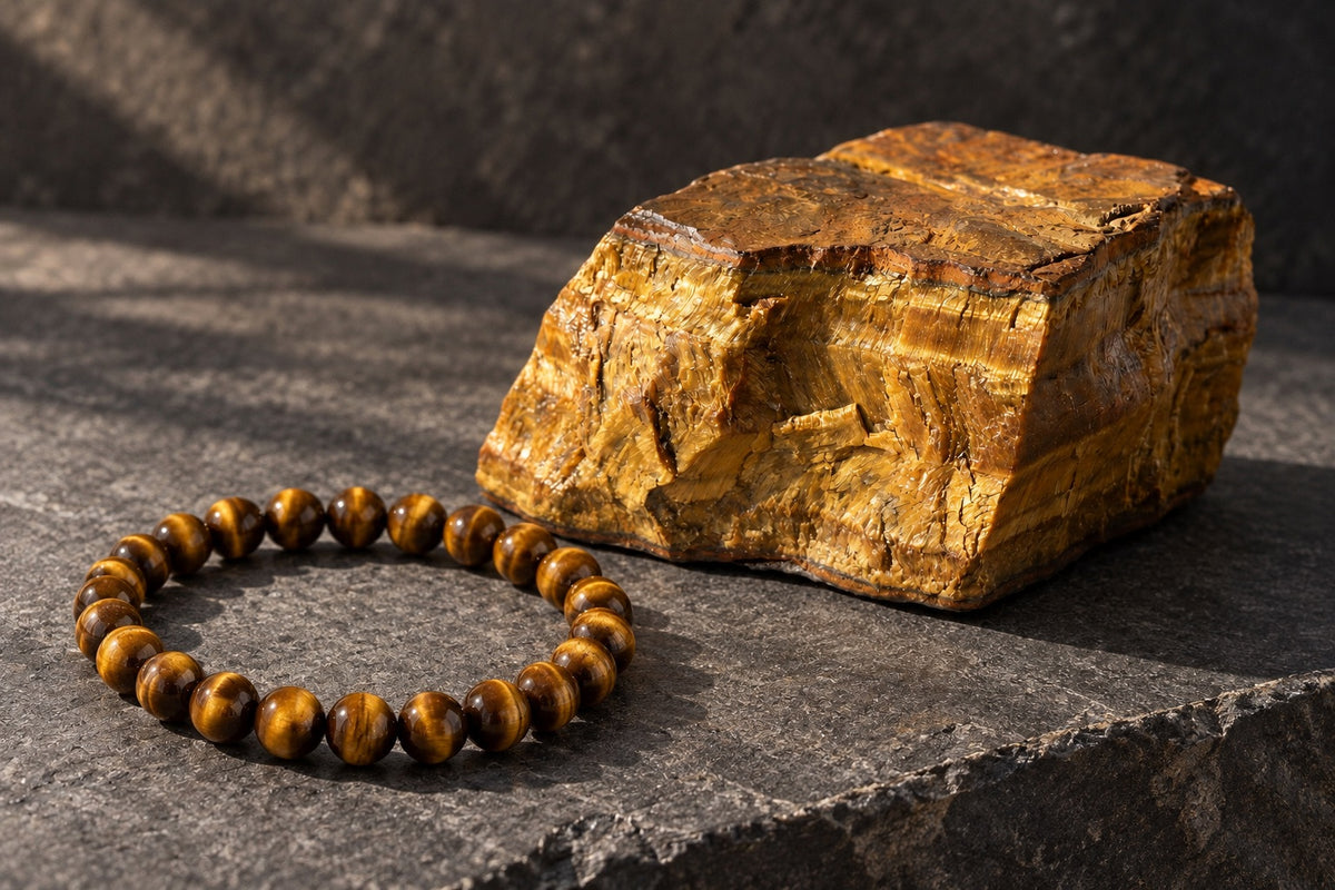 Tiger's eye bracelet beside a raw tiger's eye stone on dark slate