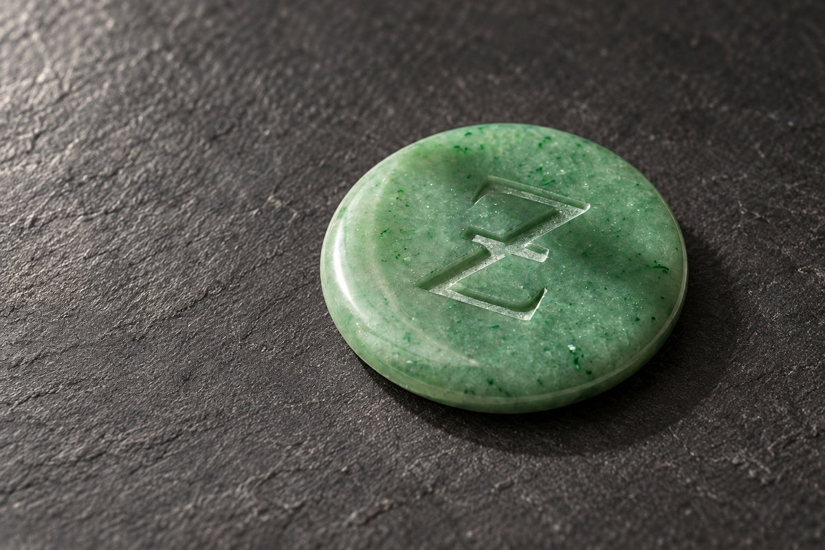 Green aventurine coin engraved with a Zibu symbol on dark slate