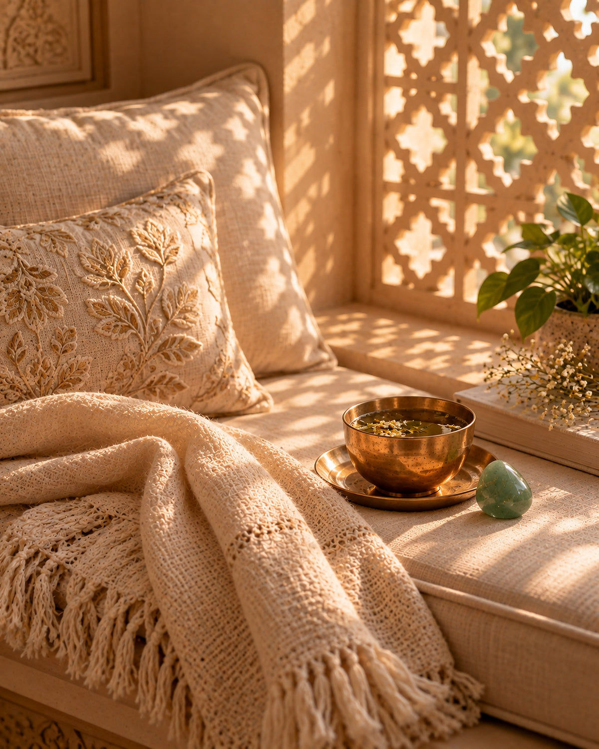 Ein Schal, eine Tasse Tee und ein Fensterplatz in sanftem Licht