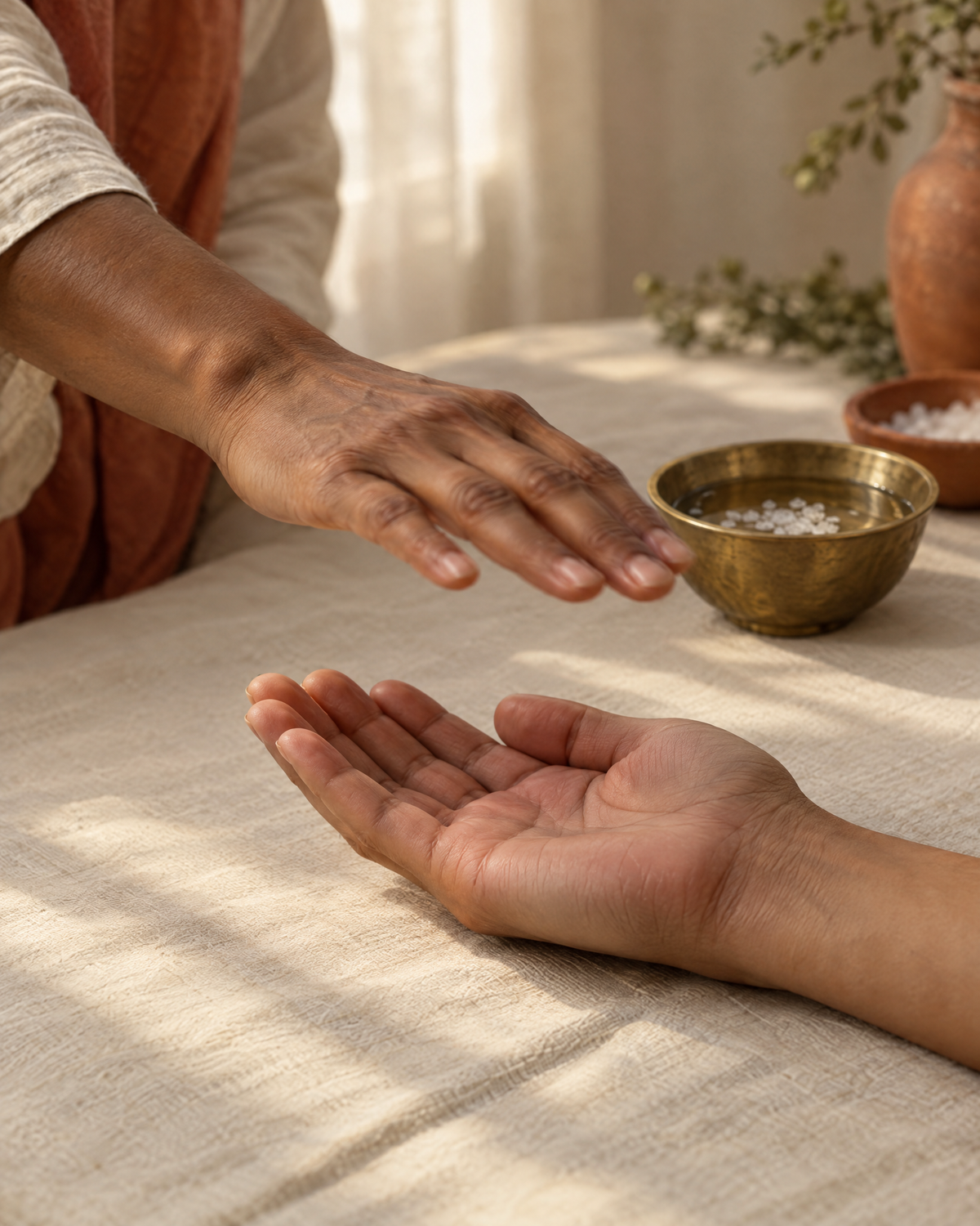 A healer's hand sweeping above an open palm without touching it, beside a bowl of salt water
