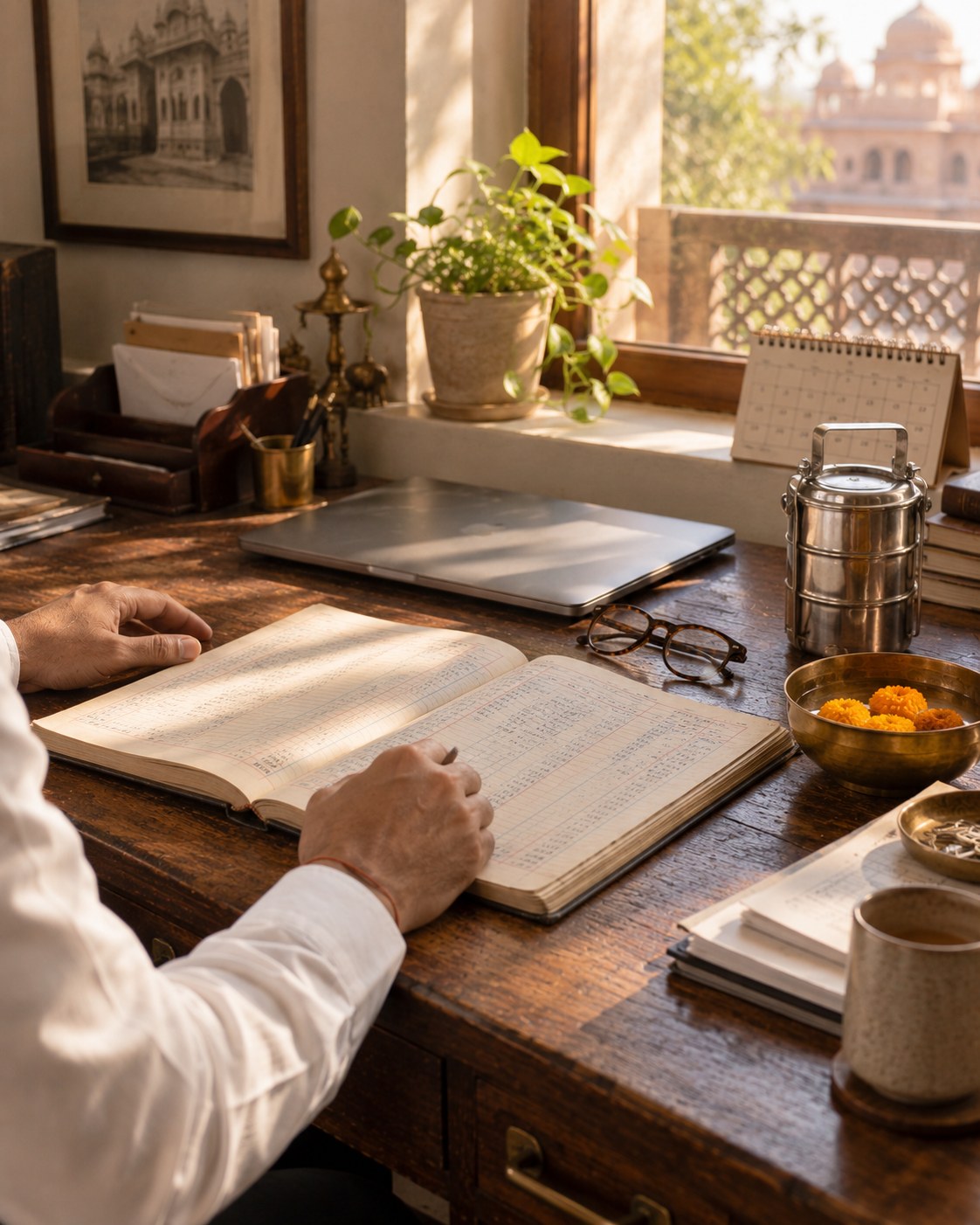 Business Healing Session: a calm desk with a ledger and marigolds floating in water