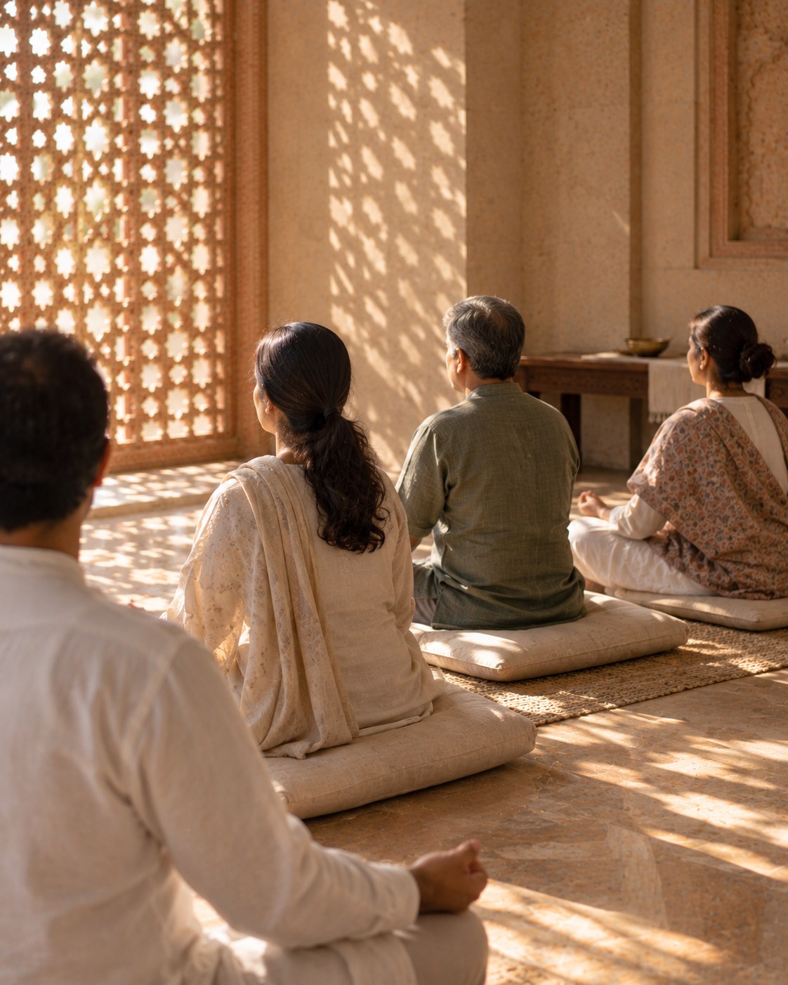 Guided Meditation Session at the KUSHA studio in Jaipur: a small group meditating by a sandstone jaali