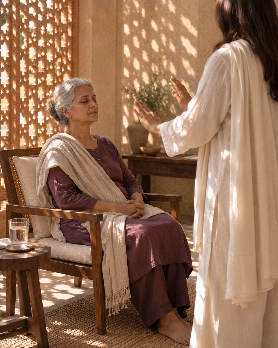 Healing Alongside Long-Term Conditions Session: a woman in an armchair, a healer's palms held at a distance
