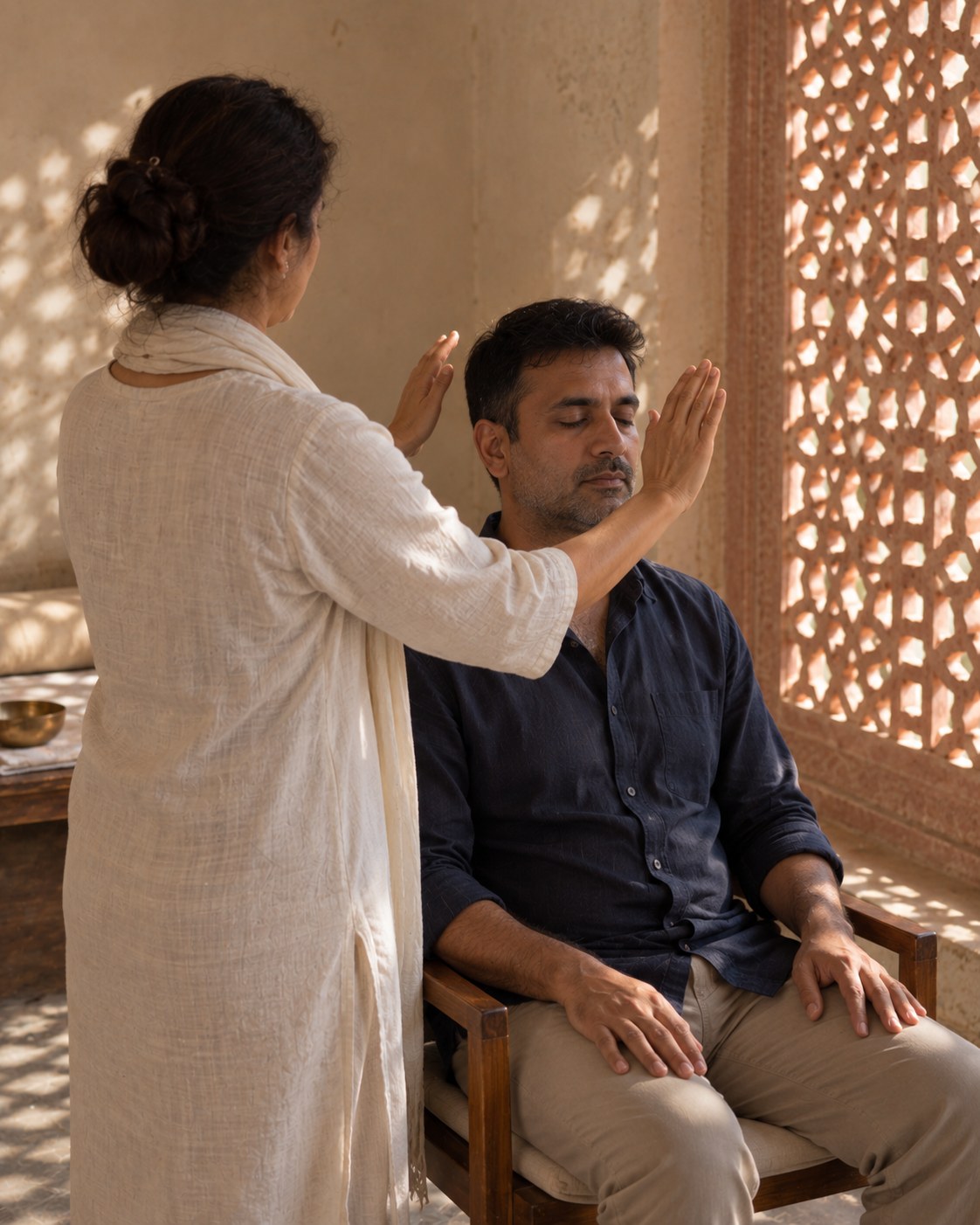 Pranic Psychotherapy Session at the KUSHA studio in Jaipur: a healer's palms near a seated man's head, without touching