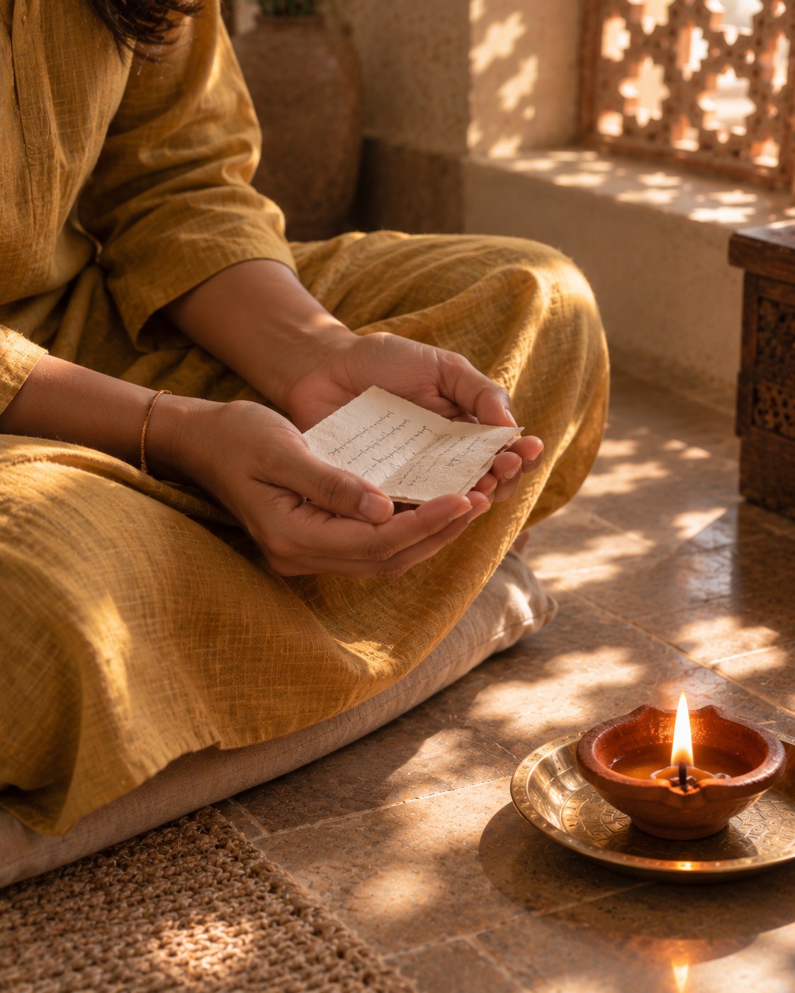 Wish Fulfilling Healing Session: cupped hands holding a folded note beside a lit diya
