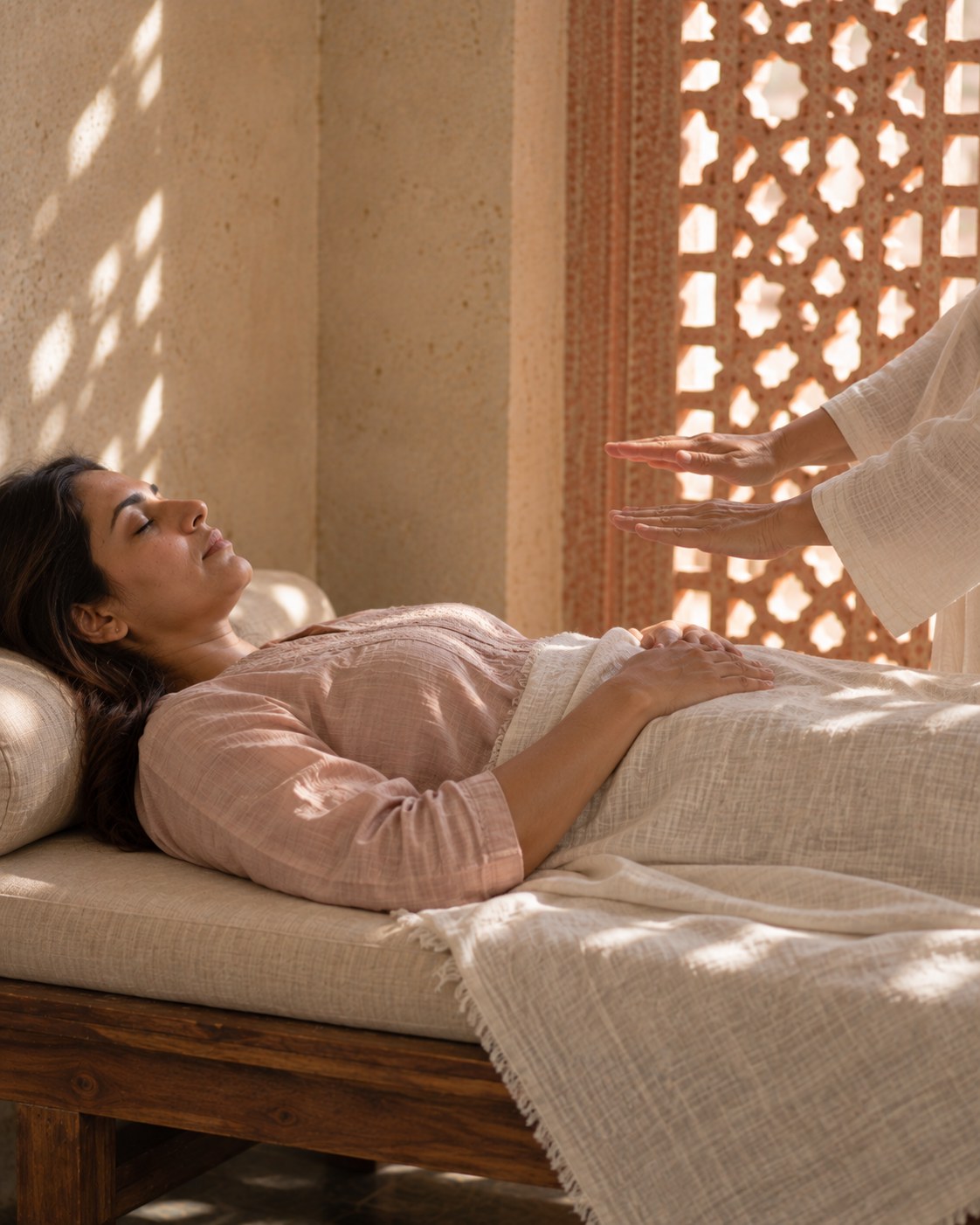 Womb Healing Session at the KUSHA studio: a woman rests on a daybed as a healer holds her hands above